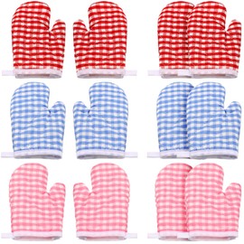 12 Pcs Kids Oven Mitts Toddler Oven Mitts Children Heat Resistant Kitchen Mitts Checkered Kitchen Oven Gloves Kids for Cooking Baking Microwave Child Play BBQ Grilling, Age 2-10(Red, Pink, Blue)