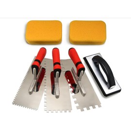 Tile Tools Right-Handed Stainless Steel Square Notch Trowel Set Plus Rubber Grout Float and Grout Sponge for Tiling Installation Grouting