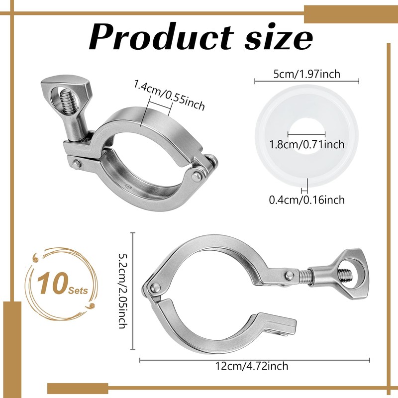CUTHOLLOW 1.5" Tri Clamp Kit, 10Pcs 304 Stainless Steel Sanitary