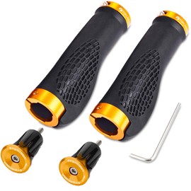 TOPCABIN Ergonomic Design Bike Grips,Double Lock on Locking Bicycle Handlebar Grips Cycle Bicycle Grip for Mountain Bike BMX ((Aluminum lock plug+Grips) Gold)