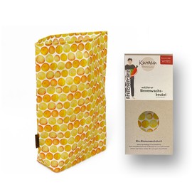 Kumanu Organic Beeswax Cloth - Bag FRISCHEFRANZ Medium | Height 28 cm x Width 22 cm with Stand | Naturally and Plastic-Free | Handmade in Tyrol (Yellow Circles)