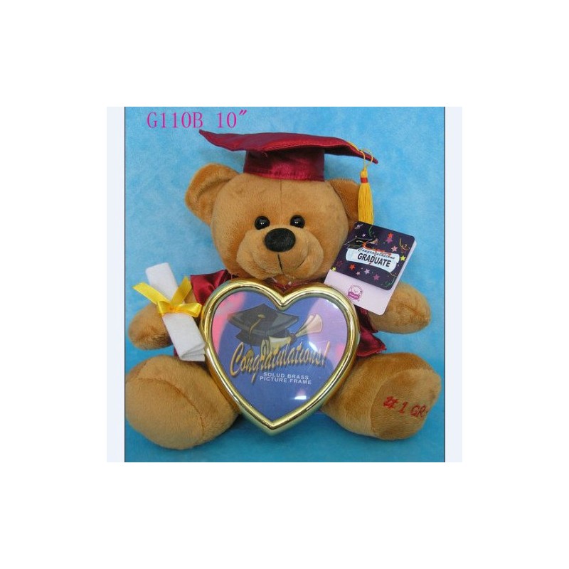 Graduation Brown Bear with Cap, Diploma & Solid Brass Picture