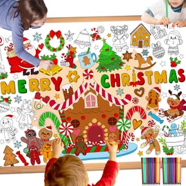 HOWAF Christmas Gingerbread Coloring Poster with 24 Paint Pens, Giant Merry Christmas Paper Coloring Banner Tablecloth Indoor Arts Crafts Activity, Gingerbread House Coloring Table Cover Banner for Xmas Party Supplies