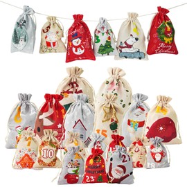 24 Pieces Christmas Countdown Bag with Drawstrings Small Christmas Gift Goody Bags for Xmas Holiday New Year Party Favors Supplies, 24 Designs Advent Calendar Bags
