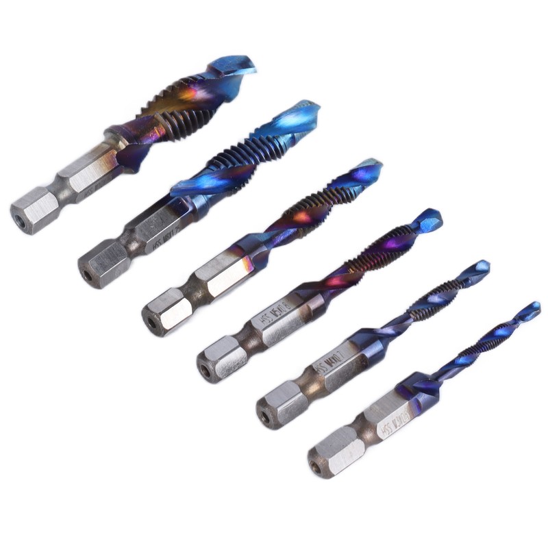 6pcs Spiral Tap Drill Bit Set Blue Plating Coating Hex