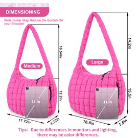 Quilted Puffer Tote Bag for Women,Large Puffy Crossbody Shoulder Bag Lightweight Nylon Hobo Bag with Zipper,Purse Puffy Quilted Carryall Bag Soft Oversized Padding Handbag for Daily Travel(Rose Red)
