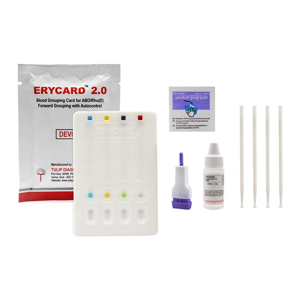 ABO/RH Blood Type Test Kit - Educational Use - Erycard Blood Grouping Card, Buffer Solution, Alcohol Wipe, Lancet, Collection Sticks, Instructions - Home Blood Type Testing Kit - Innovating Science
