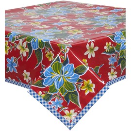 Freckled Sage Hawaii Red Oilcloth Tablecloth with Blue Gingham Trim You Pick The Size