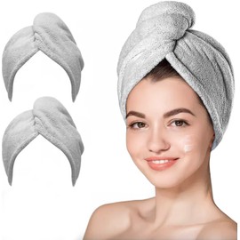 unel Rapid Dry Hair Towel, Microfibre Fast Drying Soft and Anti Frizz Head Towel, Super Absorbent & Soft, 65cm x 25cm (Grey, 2)