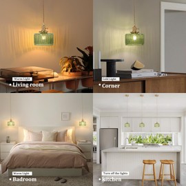 Shenmoyl Pendant Light with Green Striped Glass Lmapshade, Brass Vintage Pendant Light Adjustable Hanging Light for Kitchen Island Dining Room Hallway