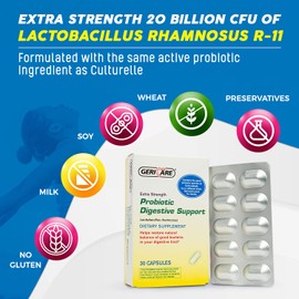 GeriCare Probiotic Digestive Support | Extra Strength 20 Billion CFU Lactobacillus Rhamnosus R-11 Daily Probiotic | Keeps Your Digestive System Balanced | 30 Capsules
