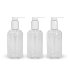 UHI Cosmetics Empty 8 Oz. Bottle with Pump - Boston Round Clear PET | Elegant Reusable Clear Bottle with Dispensing Pump For Hand Sanitizer, Creams, Shampoo, Conditioner, Lotion, Soap (12 Pack)