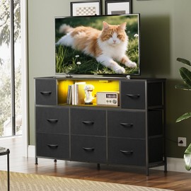 WLIVE Black Dresser TV Stand for 45, 50, 55 inch TV, Entertainment Center with LED Lights & Charging Station, Chest of Drawers with 8 Fabric Drawers and Open Shelves for Living Room, Hallway, Wood Top