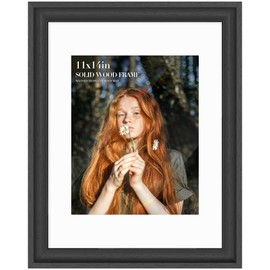 11x14 Solid Wood Picture Frame, Tempered Glass with Mat for 8x10, Black