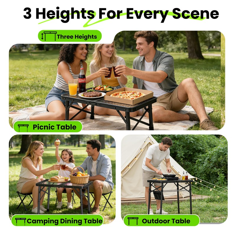 WildFinder Folding Camping Table, 3 Adjustable Height Max 27.5" Portable