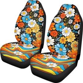 UNICEU Hippie Flowers Car Seat Covers Universal 2 Pcs Auto Front Seat Covers Fit Most Cars SUV Sedan Trucks