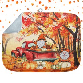 Sanwarm Absorbent Dish Drying Mat, Fall Red Truck Microfiber Pad for Kitchen Counter, Autumn Truck Harvest Gnome for Coffee Bar Decor, Heat Resistant and Reversible, 16" x 18"