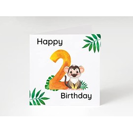 2nd Birthday Card, Safari Animal Birthday Card for Two Year Old, Second Birthday Card, Children's Birthday Card Monkey