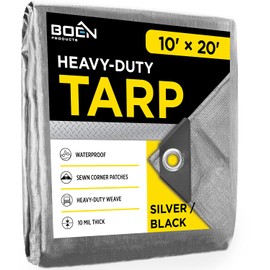Tarp Heavy Duty Waterproof (10' x 20', Silver/Black) 10 Mil Thick Material, Multi-Purpose Tarpaulin Great for Canopy Tent, Boat, RV or Pool Cover, Shade and More