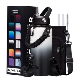 32OZ Water Bottle with Straw & Strap, BPA Free Insulated Water Bottle Keeps Cold 48H Hot 24H, Double-Wall Sport Water Bottle with Sleeve Carrier, Stainless Steel Bottle for Kids Men Woman Xmas Gift