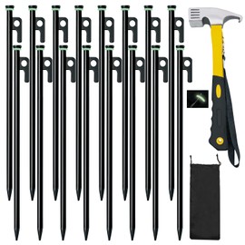 16 Pack Tent Stakes with Hammer,16in Heavy Duty Tent Stakes + 12in Tent Stakes Hammer+Storage Pouch, Forged Steel Tent Stakes for Camping Used on Rocks, Grassland(16Pcs 16in Tent Stakes+Hammer)