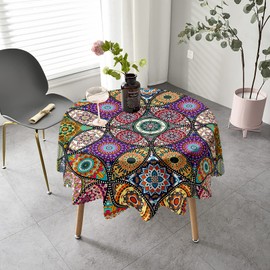 iEvery Round Tablecloth 150cm Boho Wipeable Tablecloths Polyester Wipe Clean Table Cloth Waterproof Circular Table Cover for Home Dinning Kitchen Party Picnic Patio Outdoor