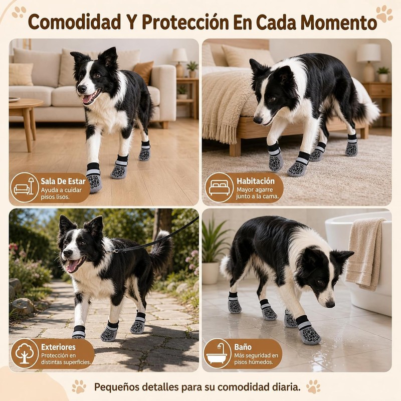 4 Calcetines Antideslizantes para Perros con Tira Reflectante Ajustable,S