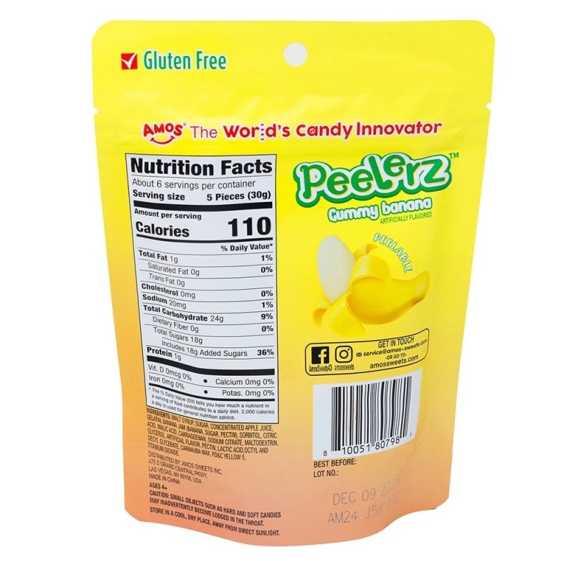 Amos Peelerz Fruit Gummy Candy, Banana Flavor, Peelable and Chewy,