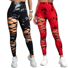 UONNOU Women's Tie Dye Cutout Tights High Waist Workout Yoga Leggings,Scrunch Butt Lifting Elastic Pants,2 Pieces Pack, Black Red L