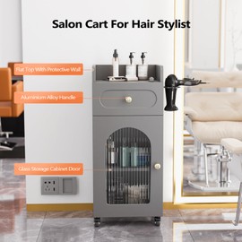 Salon Trolley Cart with Wheels, Hair Cart Mobile Storage Cabinet with Glass Door & Dryer Holder, Esthetician Cart Rolling Salon Station for Barber Beauty Spa Tattoo, Grey