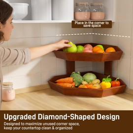 Tequie Wooden Fruit Basket for Kitchen Counter 2 Tier Fruit Bowl for Corner