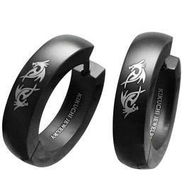 Kikuchi Männer Ohrringe XL Ø 22 mm Titan Schwarz Matt Edelstahl Klapp Creolen Drachen Gelasert ER15182