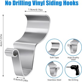 EQUIJUANCE Heavy Duty Stainless Steel Vinyl Siding Hooks - No Drill Rust-Proof Siding Hooks for Hanging Outdoor Decor Lights Wreaths Plants (Silver, 8)