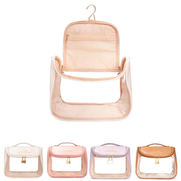 Hanging Clear Makeup Bag, TSA Approved Cosmetic Bag Portable Travel Toiletry Bag Large Capacity Waterproof Tote Storage Bag with Zipper Full Sized Container for Women (Beige)