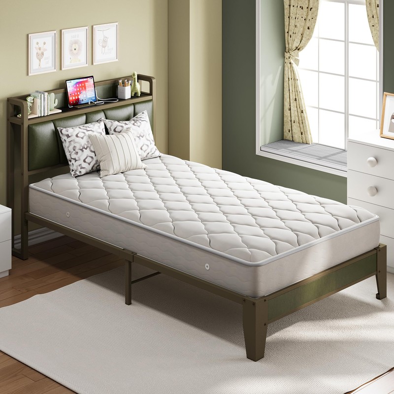 LIKIMIO Twin Bed Frame, Storage Headboard with Charging Station, Solid