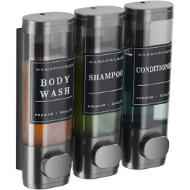 Shampoo and Conditioner Dispenser Shower Dispenser Body Wash Wall Mounted Shampoo Dispenser for Shower Wall No Drill for Bathroom Hotel 3 Chamber x 300ml Gungray with Waterproof Labels