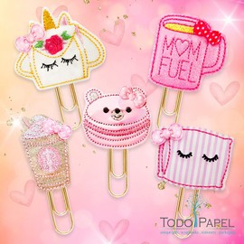 "Love Pink" Vinyl Felties Planner Paper Clip Set | 5 Cute Designs | Novelty Accessory for Filofax Personal Planners, Journals, Organizers, Diaries,Traveler's Notebook, or as Bookmarkers | Party Favors