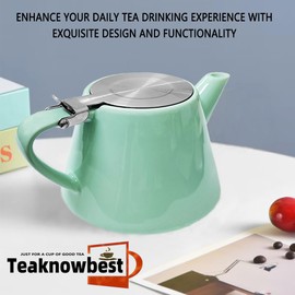 Teaknowbest Ceramic teapot, 19oz Tea pot for loose leaf tea, Tea infuser pot with Removable 18/8 Stainless Steel Infuser and teaspoon, Suitable for 1-2 people to brew tea or coffee (azure)