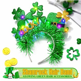 JONKY Light Up St Patricks Day Headband Green Hat Hairband Glowing Shamrock Hair Piece Irish Lucky Hair Aaccessories for Women