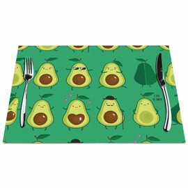 Walmsco Placemats Cartoon Green Avocado Decor For Dining Room Kitchen Table,Waterproof Non-Slip Washable Heat Resistant Placemats,Set of 4,12"x18"