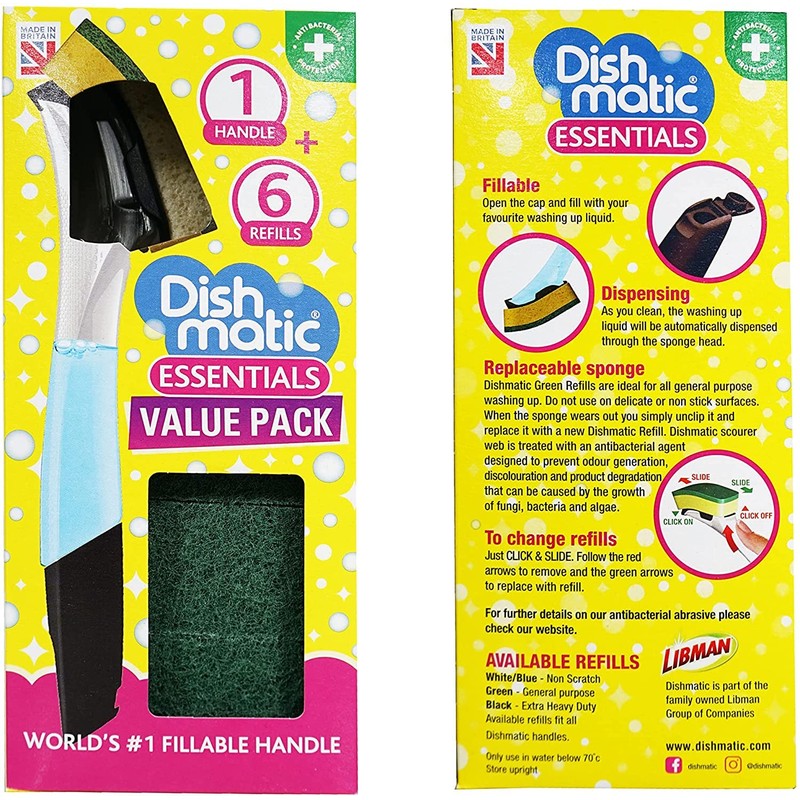 Dishmatic Fillable Washing Up Brush and Sponge - Value Pack,