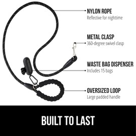 GORILLA GRIP Dog Leash, Heavy Duty Reflective Rope Leashes for Large, Medium, Small Breed Dogs, Puppy Training Essential for Walks, Hikes, Soft Handle, Rotating Metal Clip, Waste Bag Dispenser, Black