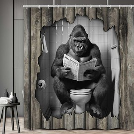 Funny Shower Curtain,Gorilla Sitting on Toilet Reading Newspaper - Rustic Animal Print Bath Curtain Waterproof Shower Curtains for Men, Wooden Teen Boys Humorous Bathroom Decor (12 Hooks Included)