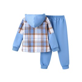 Fdqin 2Pcs Kids Boys Flannel Plaid Shirt Tops Pants Set Hoodie Sweatsuit for Fall Winter Spring Outfits Blue 9-10Year