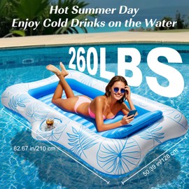 HeySplash Large Pool Floats Boat for Adults, Inflatable Pool Float Lounge with Cup Holder & Detachable Pillow, Tanning Pools Lounger Float for Outdoor Lake River Summer Water Party, Blue Leaf