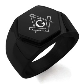 Black IP Plated Stainless Steel Freemasons Masonic Compass Hexagon Crest Flat Top Biker Style Polished Ring, Size 13