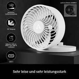 ARCTIC Summair Plus - Portable Fan with Integrated Rechargeable Battery, USB-C Connection (incl. USB-A Charging Cable), Stepless Adjustable Desk Fan 600–3300 RPM - White