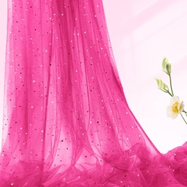 Horbaunal Hot Pink Glitter Tulle Fabric Rolls 54 Inch Wide by 1 Yard Star Moon Sequin Tulle Rolls, Netting Fabric for Tutu Skrits DIY Craft Wedding Backdrop Party Decorations