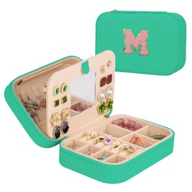 TopPerfekt Travel Jewelry Case, Jewelry Box with Mirror, Jewelry Organizer Bridal Shower Gifts to Her, Earring Storage Travel Case, Trendy Gift for Women and Girls, Girlfriend-Letter M, Green