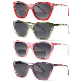 VisiWell 4 Pack Bifocal Reading Glasses for Women Men Sun Readers Spring Hinge Outdoor Sunglasses Fashion Bifocal Eyeglasses (4 Mix Color-2, 2.00, x)